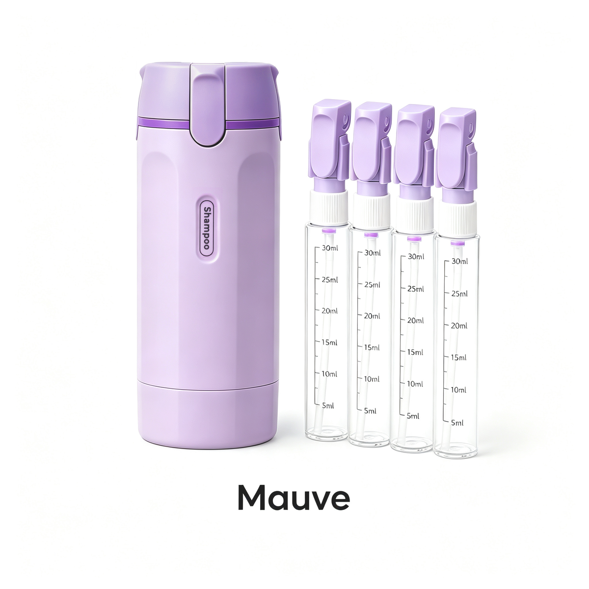 Mauve 4-in-1 travel dispenser bottle with four refillable 30 ml inner bottles