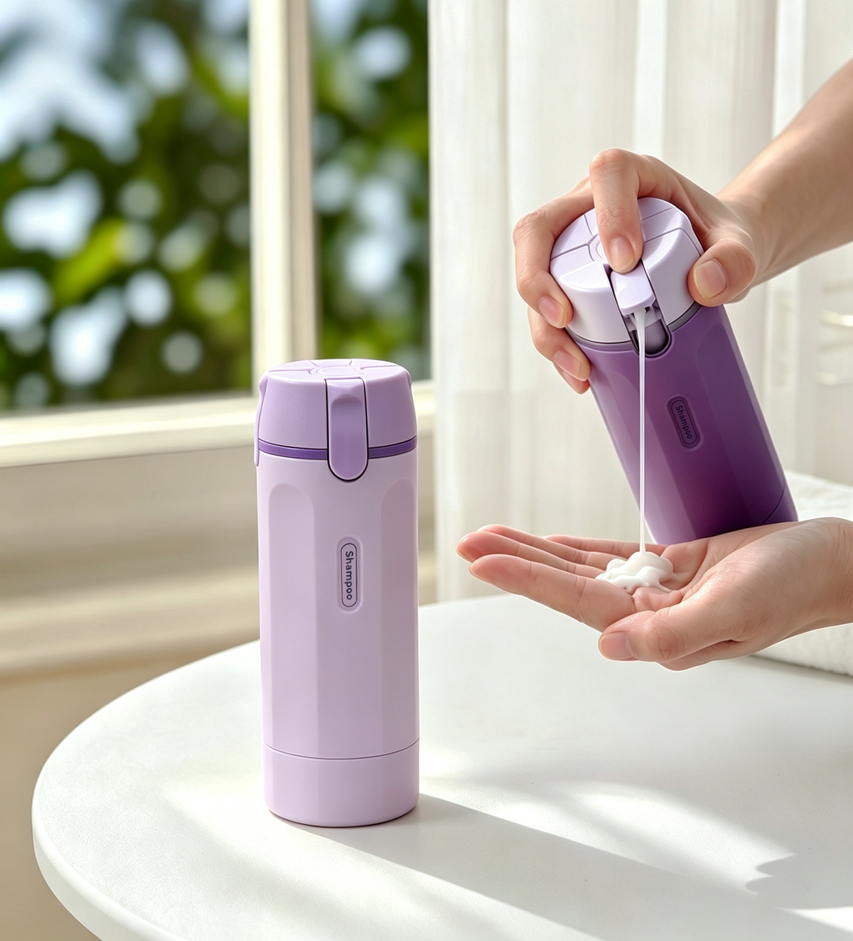 Mauve travel dispenser bottle shown dispensing shampoo
