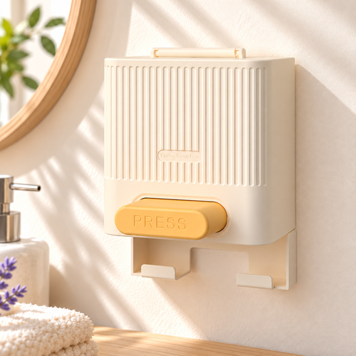 Cream yellow wall-mounted automatic cotton swab holder in a sunny bathroom