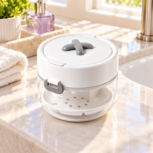 White and clear retainer cleaning and storage case in a sunlit bathroom