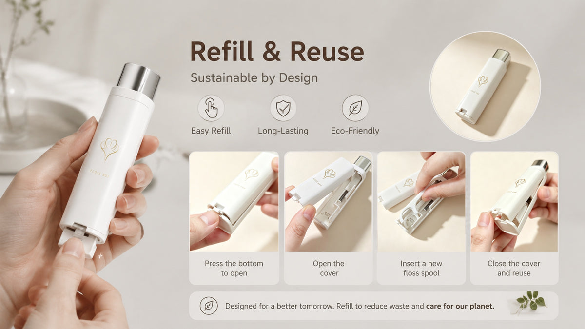 Refillable dental floss case and refill instructions
