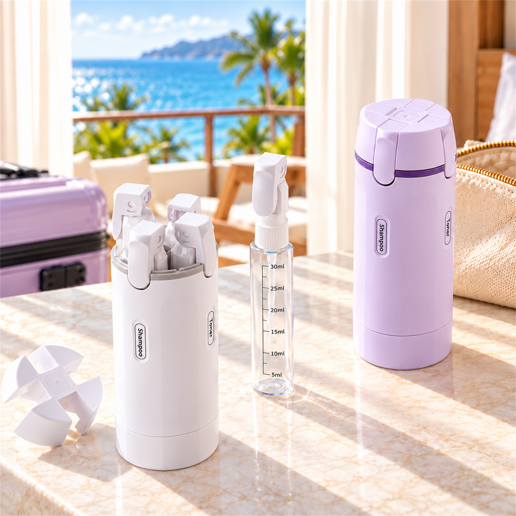 White and lavender travel dispensers with refill bottle in a sunny seaside hotel