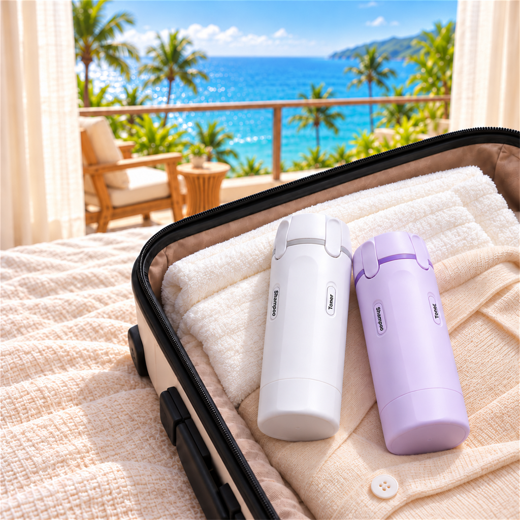 White and lavender travel dispensers packed in the corner of a suitcase in a seaside hotel