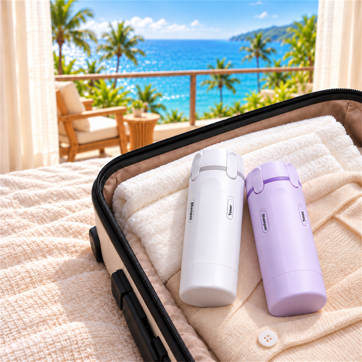 White and lavender travel dispensers packed in the corner of a suitcase in a seaside hotel