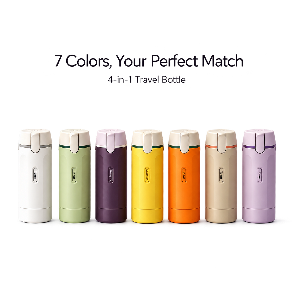 Seven NONOLADY travel bottle colors on a transparent background