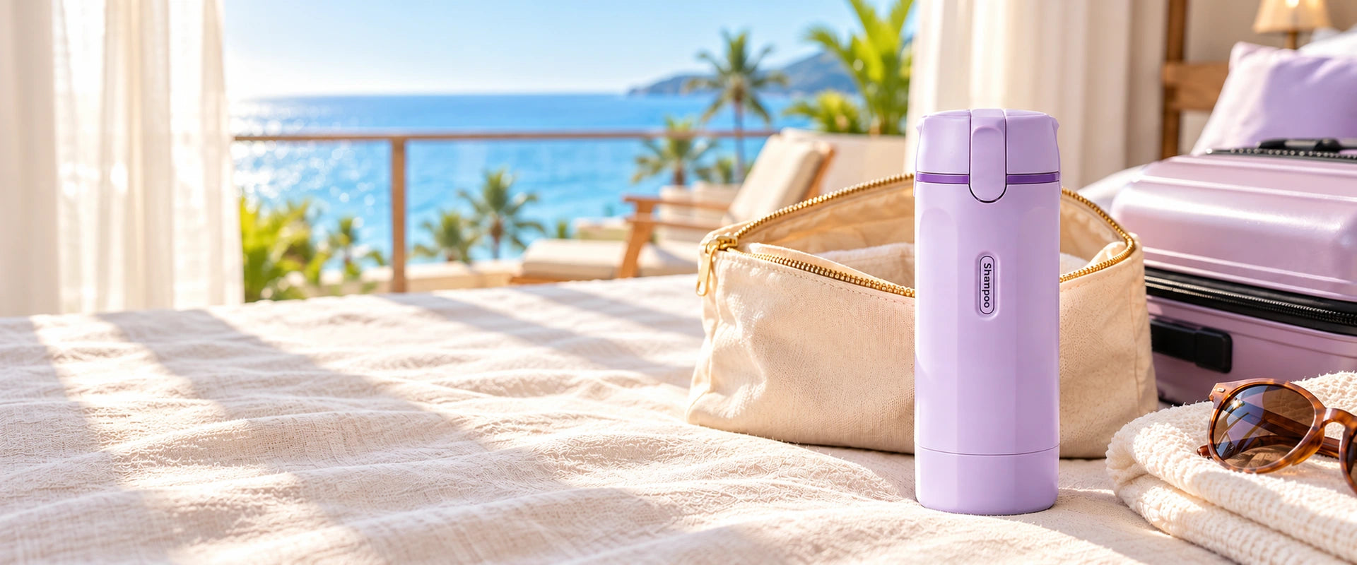 Lavender travel dispenser bottle in a sunlit seaside hotel room